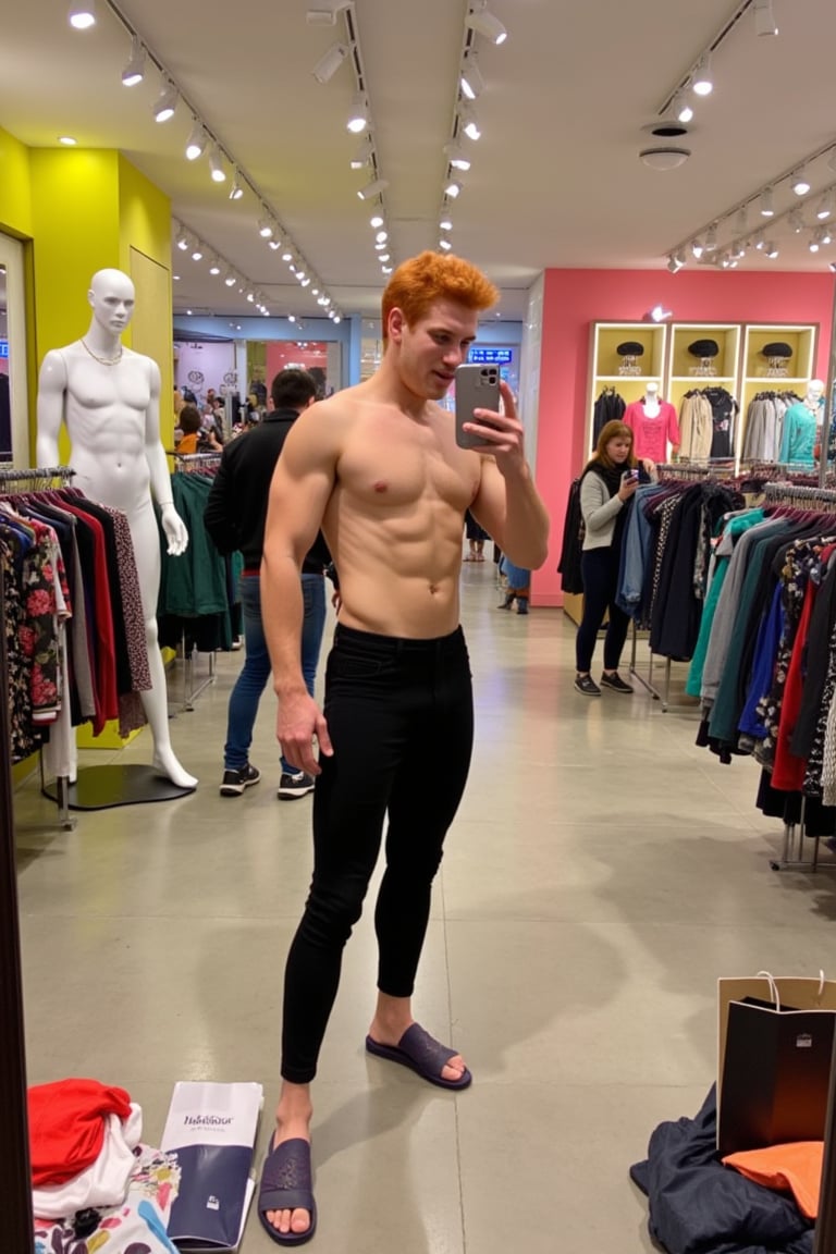 A casual mobile phone photo of a red head muscular man standing in front of a large mirror in a stylish clothing store, taking a selfie. he’s wearing a trendy sexy man outfit he just tried on, with his phone held up in one hand while he strikes a relaxed pose. His red hair catches the store’s soft lighting, creating a warm glow around him. The mirror reflects the bustling store behind him, filled with racks of colorful clothes, stylish male mannequins, and other shoppers browsing the aisles. The fitting room area can be seen in the background, with a few more mirrors and bright, fashionable decor. Shopping bags and a few items of clothing rest on a nearby bench, adding to the lively atmosphere of the store. The photo captures the fun, fashionable moment with natural lighting, giving it an unfiltered, spontaneous feel as he checks out his look in the mirror.