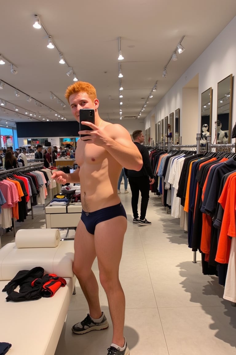 A casual mobile phone photo of a blonde huge muscular man standing in front of a large mirror in a stylish clothing store, taking a selfie. he’s wearing a trendy sexy man outfit he just tried on, with his phone held up in one hand while he strikes a relaxed pose. His red hair catches the store’s soft lighting, creating a warm glow around him. The mirror reflects the bustling store behind him, filled with racks of colorful clothes, stylish male mannequins, and other shoppers browsing the aisles. The fitting room area can be seen in the background, with a few more mirrors and bright, fashionable decor. Shopping bags and a few items of clothing rest on a nearby bench, adding to the lively atmosphere of the store. The photo captures the fun, fashionable moment with natural lighting, giving it an unfiltered, spontaneous feel as he checks out his look in the mirror.