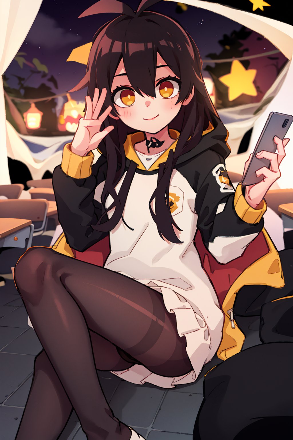 1girl, solo, long hair, looking at viewer, smile, bangs, skirt, black hair, long sleeves, hair between eyes, very long hair, closed mouth, full body, yellow eyes, pantyhose, hood, black pantyhose, hoodie, antenna hair, white hoodie,Linkaimane,star shaped iris,1.5 meters tall,smiling,cute,classroom, sitting,