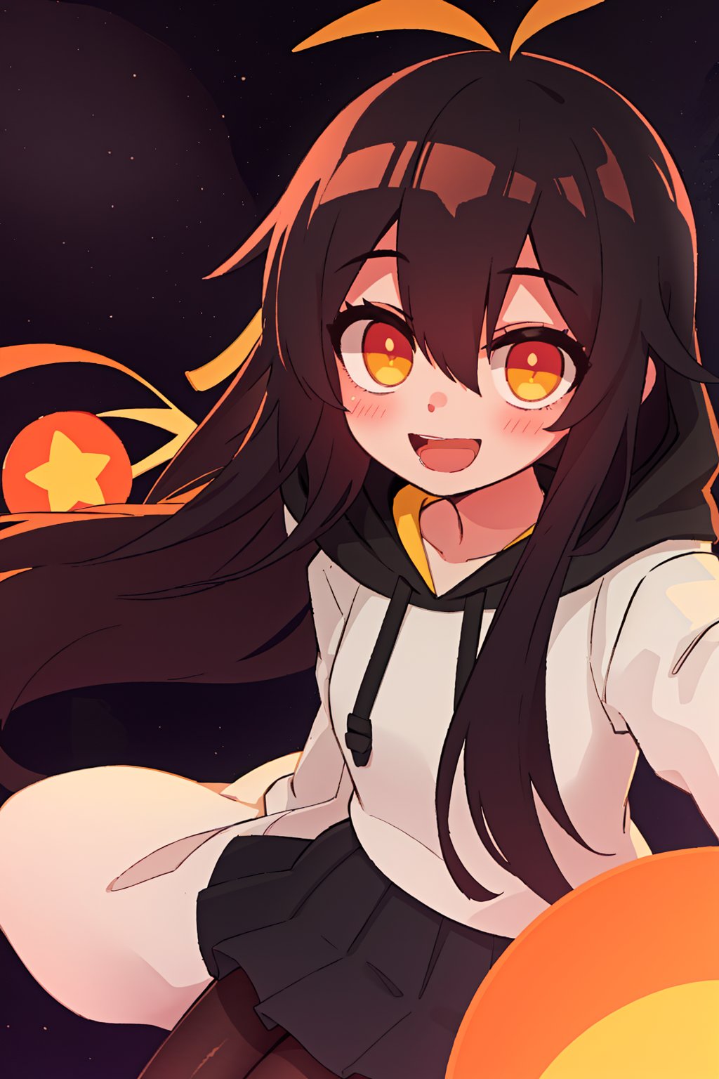 1girl, solo, long hair, looking at viewer, smile, bangs, skirt, black hair, long sleeves, hair between eyes, very long hair, open mouth, yellow eyes, pantyhose, hood, black pantyhose, hoodie, antenna hair, white hoodie,Linkaimane,1.5 meters tall,cute,star shaped eyes,blush,