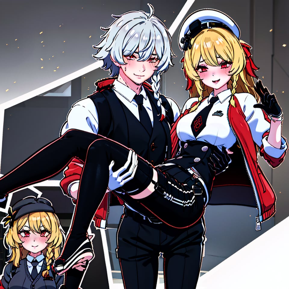 highly detailed, masterpiece, high quality, beautiful,couple,romance, 1girl (long hair, breasts, blush, smile, bangs, blonde hair, shirt, red eyes, thighhighs, gloves), 1boy (jacket, braid, grey hair, necktie, shorts, black gloves, collared shirt, vest, thigh strap, white headwear, black pants, white jacket,scar on left eye,smiling,sexy, seductive, perverted), mechanical arms,carrying, princess carry,