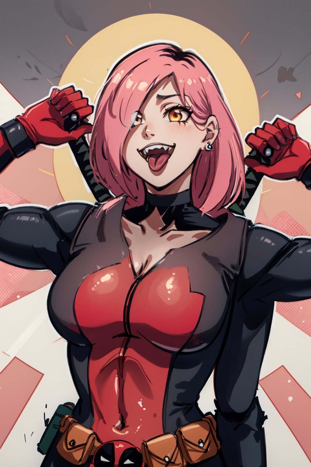 masterpiece, highest quality, so beautiful,highly definited,(medium long shot),1girl, solo, long hair, breasts, looking at viewer, very long hair,shoes, virtual youtuber,belt, katana, bodysuit, building, pouch,superhero, red bodysuit, utility belt,deadpool,red deadpool outfit,BodySuit_lady_deadpool_ownwaifu,NeneEfthy, brown eyes, yellow eyes, earrings, pink hair,  hair over one eye,brown hair, two-tone hair, smile, open mouth,choker, tongue,tongue out,pointed_teeth,mechanical_arms,