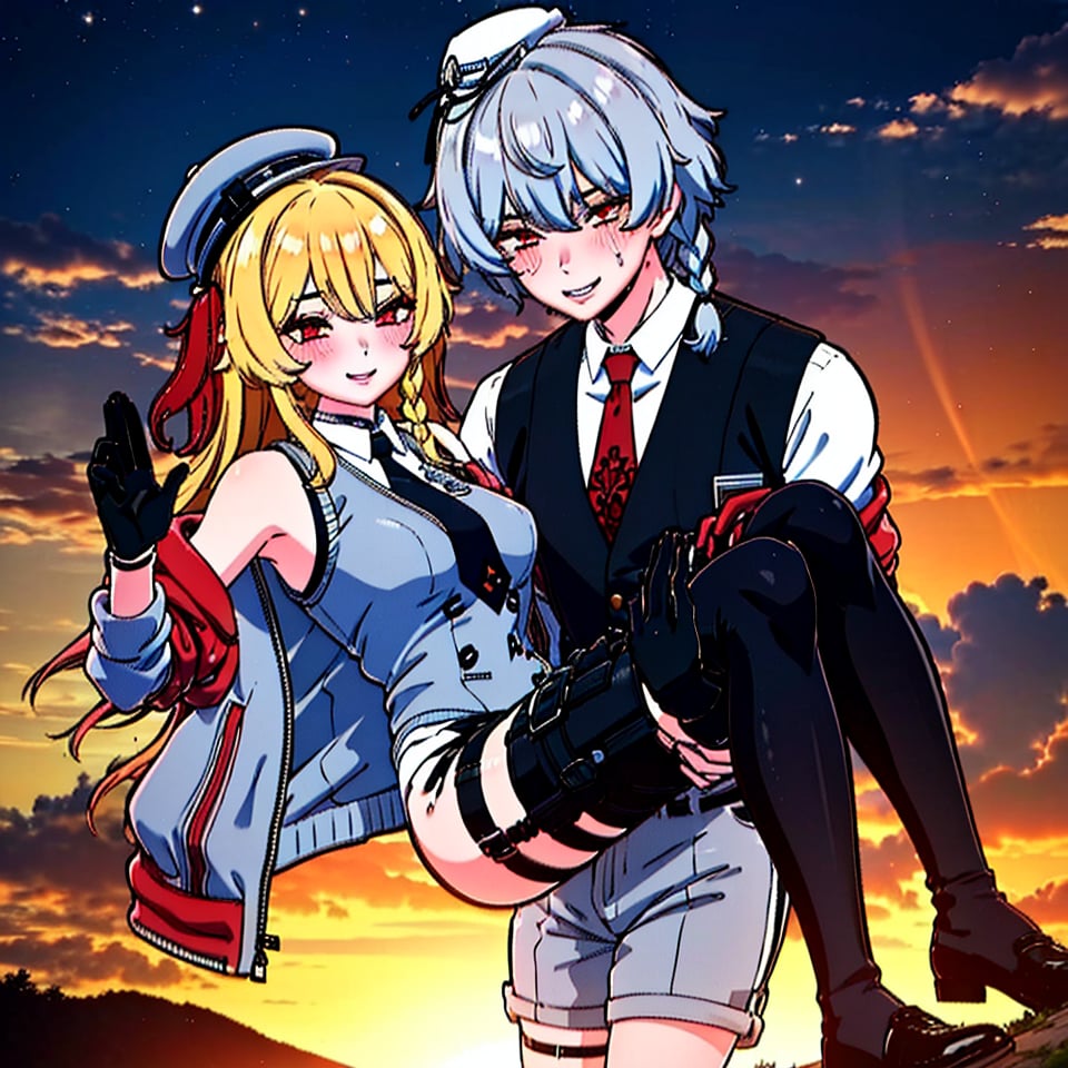 highly detailed, masterpiece, high quality, beautiful,couple,romance, 1girl (long hair, breasts, blush, smile, bangs, blonde hair, shirt, red eyes, thighhighs, gloves), 1boy (jacket, braid, grey hair, necktie, shorts, black gloves, collared shirt, vest, thigh strap, white headwear, black pants, white jacket,scar on left eye,sexy look, looking at viewer,perverted,wild,), mechanical arms,carrying, princess carry,smiling together,having fun together,