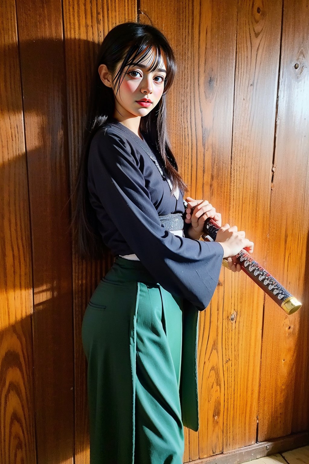 masterpiece, best quality, ultra realistic illustration, 16K, (HDR), high resolution, female_solo, slender hot body proportion, looking at viewer, big eyes, beautiful korean girl, 1 female samurai , holding sword katana+battoujutsu, (wearing highly detailed red haori+hakama skirt), full-body shot, (white long hair:1.0), (green eyes:1.0), highly detailed background of ancient Japan architecture, add More Detail,Enhance,chinatsumura