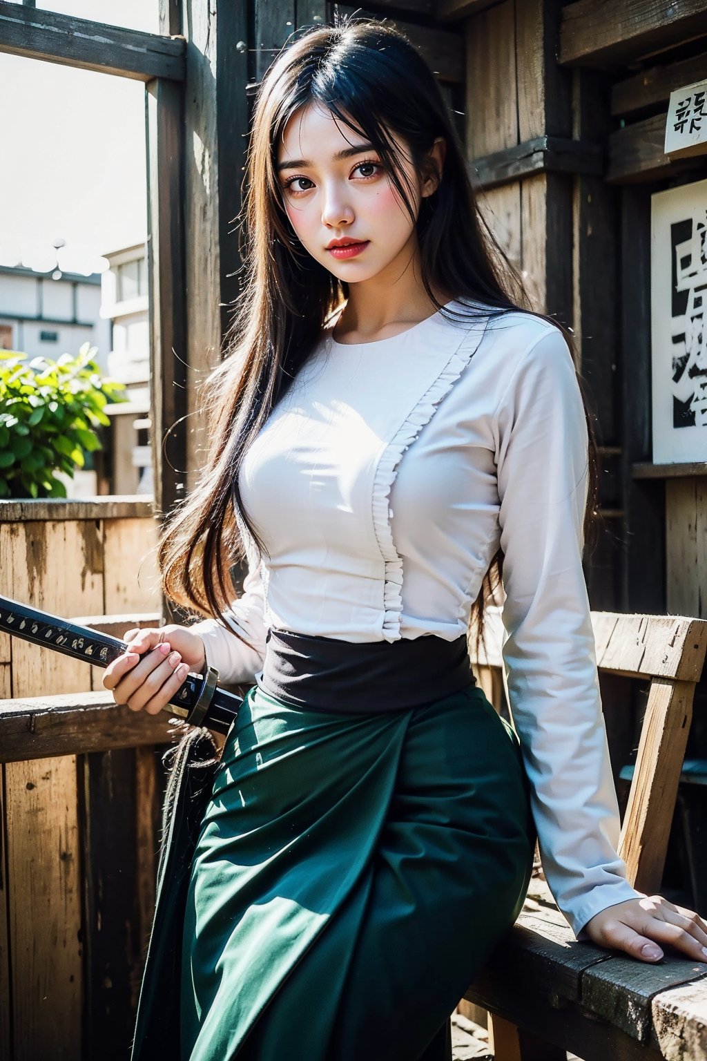 masterpiece, best quality, ultra realistic illustration, 16K, (HDR), high resolution, female_solo, slender hot body proportion, looking at viewer, big eyes, beautiful korean girl, 1 female samurai , holding sword katana+battoujutsu, (wearing highly detailed red haori+hakama skirt), full-body shot, (white long hair:1.0), (green eyes:1.0), highly detailed background of ancient Japan architecture, add More Detail,Enhance,chinatsumura