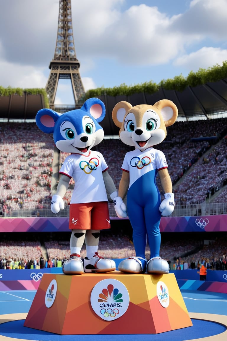 fanciful and playful atmosphere ,standing on ranking podium, Paris Olympic Games mascots come on the 2024 Paris Olympics game, Paris Olympics game,olympic venues, 