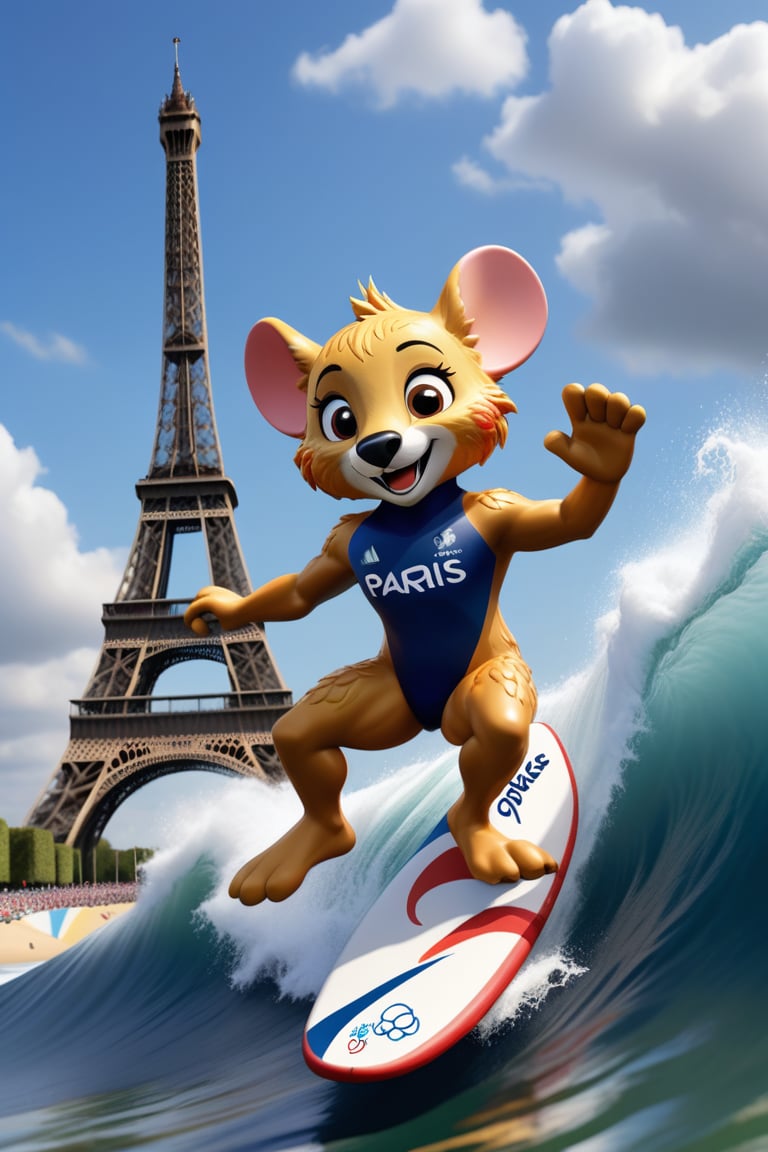 Fantastic and playful atmosphere, competition, Paris Olympic mascot plays surfing  at Paris 2024 Olympic Games, Paris Olympic Games,