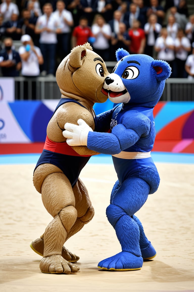 Fantastic and playful atmosphere, competition, mysterious,Paris Olympic mascot plays wrestling  at Paris 2024 Olympic Games, Paris Olympic Games,