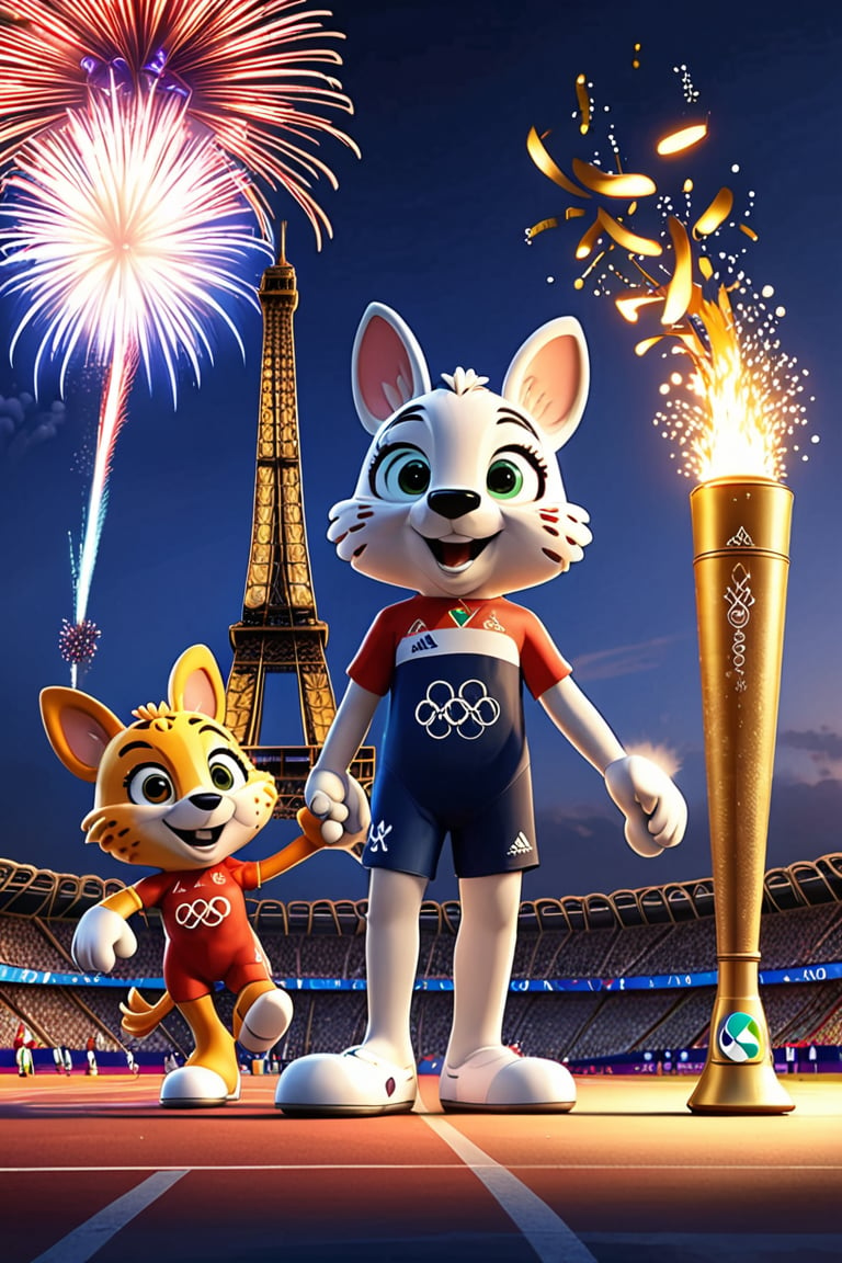 fanciful and playful atmosphere ,Fireworks ,Paris Olympic Games mascots come on the 2024 Paris Olympics game,mysterious,Paris Olympics game, the Olympic torch,