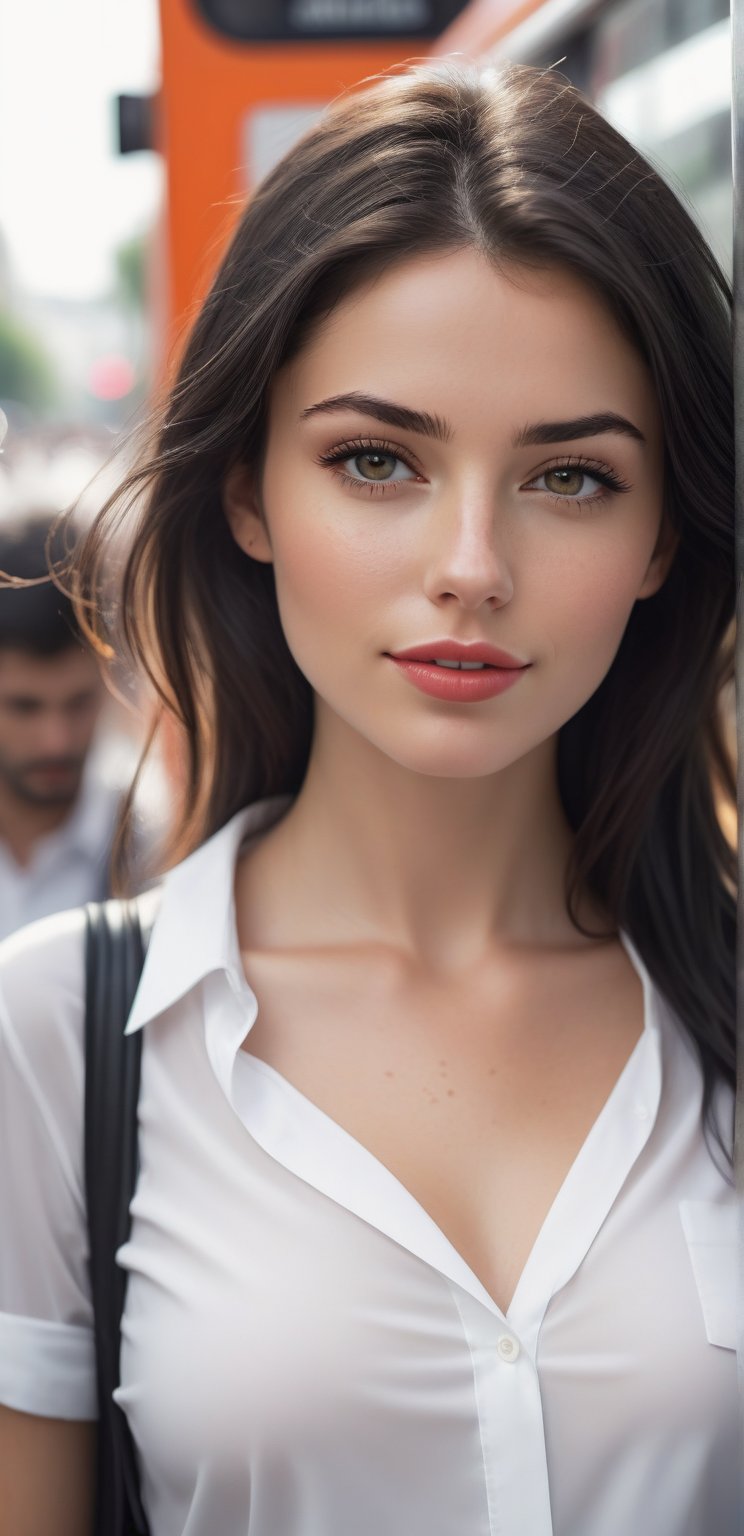 Sexy French girl, 28 years old, slightly freckled, black eyes, wet lips, black straight hair, white shirt, black skirt, in the middle of the busy and crowded city, at the bus stop, among the people at the stop, waiting for the bus to arrive ((wide perspective) , hyper realistic, ((wide perspective photography)) cinematic picture, modern, stylish, highly detailed, colorful, natural skin tone, attractive, beautiful, soft smile, soft lips, sexy, far angle, wide angle,