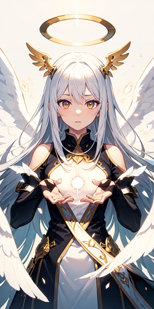 ****, illustration,heaven background, 1girl, white hair, golden eyes, long hair, halo, angel wings, serene expression, looking at viewer