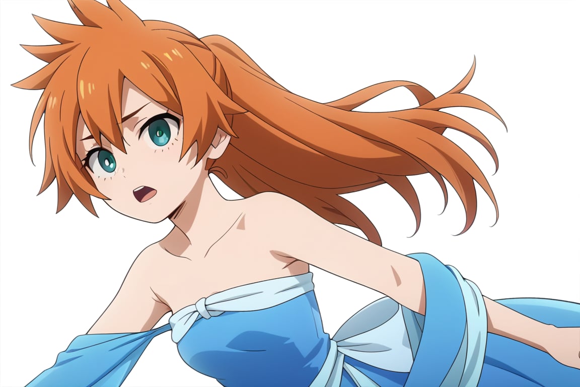 score_9, score_8_up, score_7_up, score_6_up, score_5_up, score_4_up, BREAK, , 1girl, Kendo, orange hair, green eyes, pageant dress, blue dress, strapless, 

,(( white background, blank background))