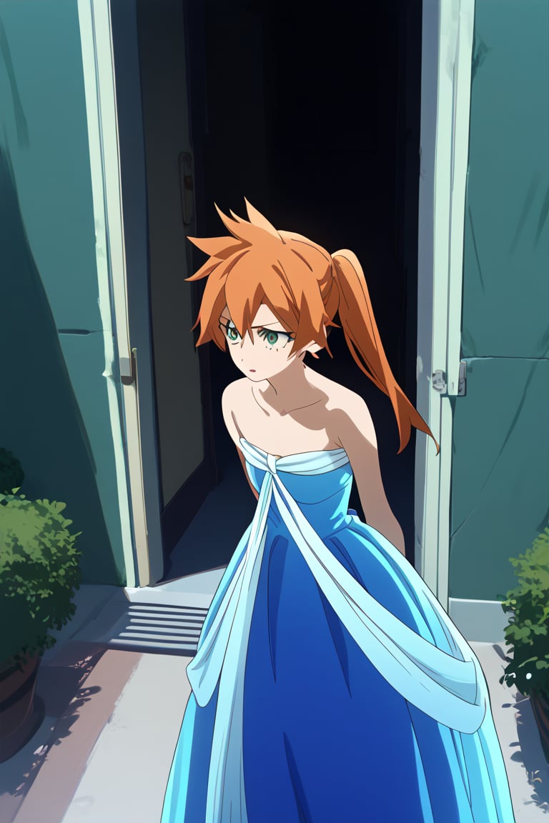 score_9, score_8_up, score_7_up, score_6_up, score_5_up, score_4_up, BREAK, , 1girl, Kendo, orange hair, green eyes, pageant dress, blue dress, strapless, standing, 