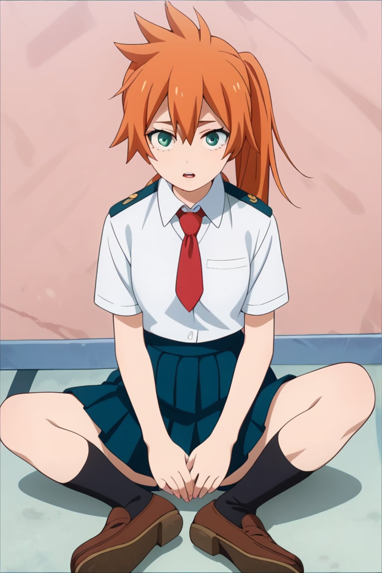 score_9, score_8_up, score_7_up, score_6_up, score_5_up, score_4_up, BREAK, , 1girl, Kendo, orange hair, green eyes, u.a. school uniform, white shirt, red necktie, kneehighs, brown footwear, sitting, legs spread