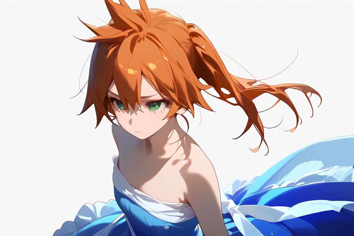 score_9, score_8_up, score_7_up, score_6_up, score_5_up, score_4_up, BREAK, , 1girl, Kendo, orange hair, green eyes, pageant dress, blue dress, strapless, 

,(( white background, blank background))