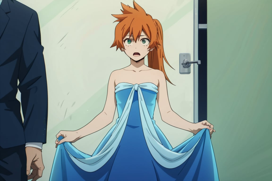 score_9, score_8_up, score_7_up, score_6_up, score_5_up, score_4_up, BREAK, , 1girl, Kendo, orange hair, green eyes, pageant dress, blue dress, strapless, standing, 