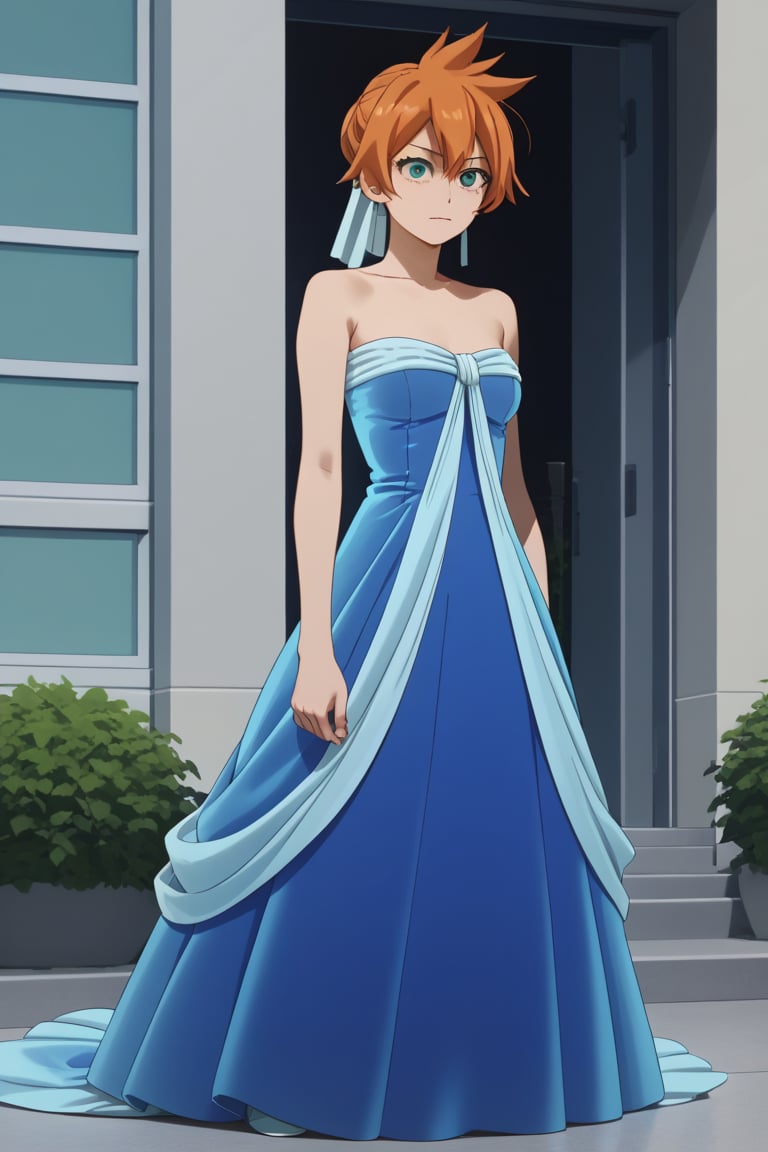 score_9, score_8_up, score_7_up, score_6_up, score_5_up, score_4_up, BREAK, , 1girl, Kendo, orange hair, green eyes, pageant dress, blue dress, strapless, standing, 