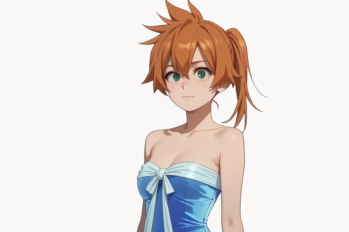 score_9, score_8_up, score_7_up, score_6_up, score_5_up, score_4_up, BREAK, , 1girl, Kendo, orange hair, green eyes, pageant dress, blue dress, strapless, 

,(( white background, blank background))