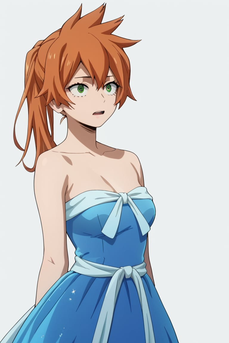 score_9, score_8_up, score_7_up, score_6_up, score_5_up, score_4_up, BREAK, , 1girl, Kendo, orange hair, green eyes, pageant dress, blue dress, strapless, 

,(( white background, blank background))