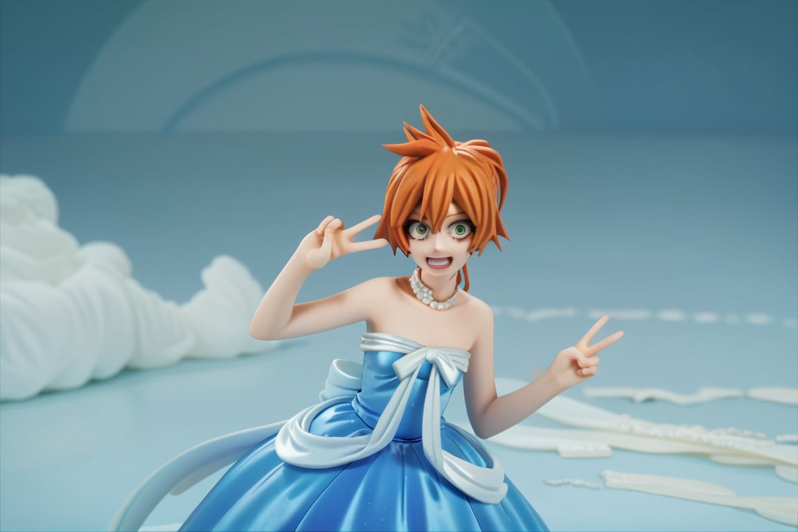 score_9, score_8_up, score_7_up, score_6_up, score_5_up, score_4_up, BREAK, , 1girl, Kendo, orange hair, green eyes, pageant dress, blue dress, strapless, standing, peace sign