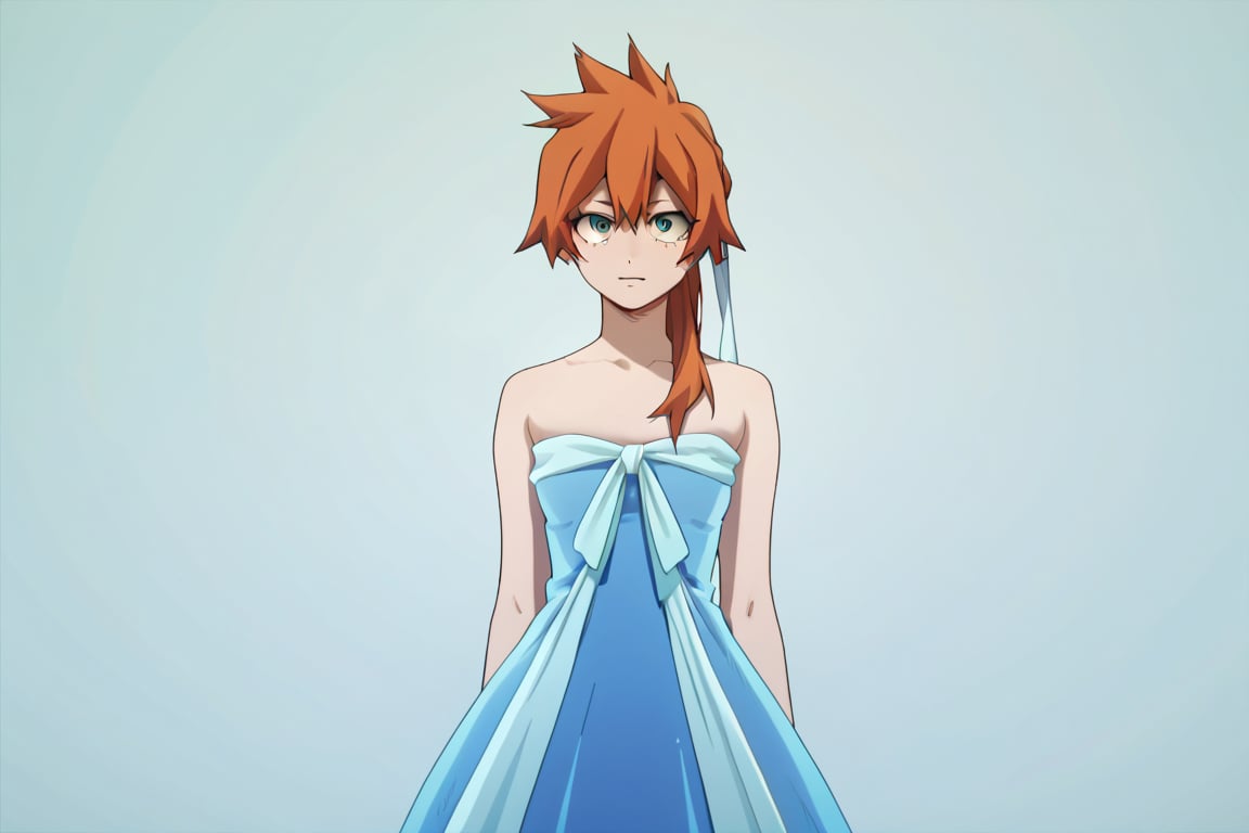 score_9, score_8_up, score_7_up, score_6_up, score_5_up, score_4_up, BREAK, , 1girl, Kendo, orange hair, green eyes, pageant dress, blue dress, strapless, standing, 