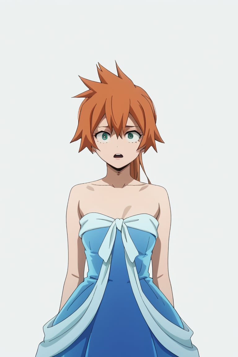 score_9, score_8_up, score_7_up, score_6_up, score_5_up, score_4_up, BREAK, , 1girl, Kendo, orange hair, green eyes, pageant dress, blue dress, strapless, 

,(( white background, blank background))