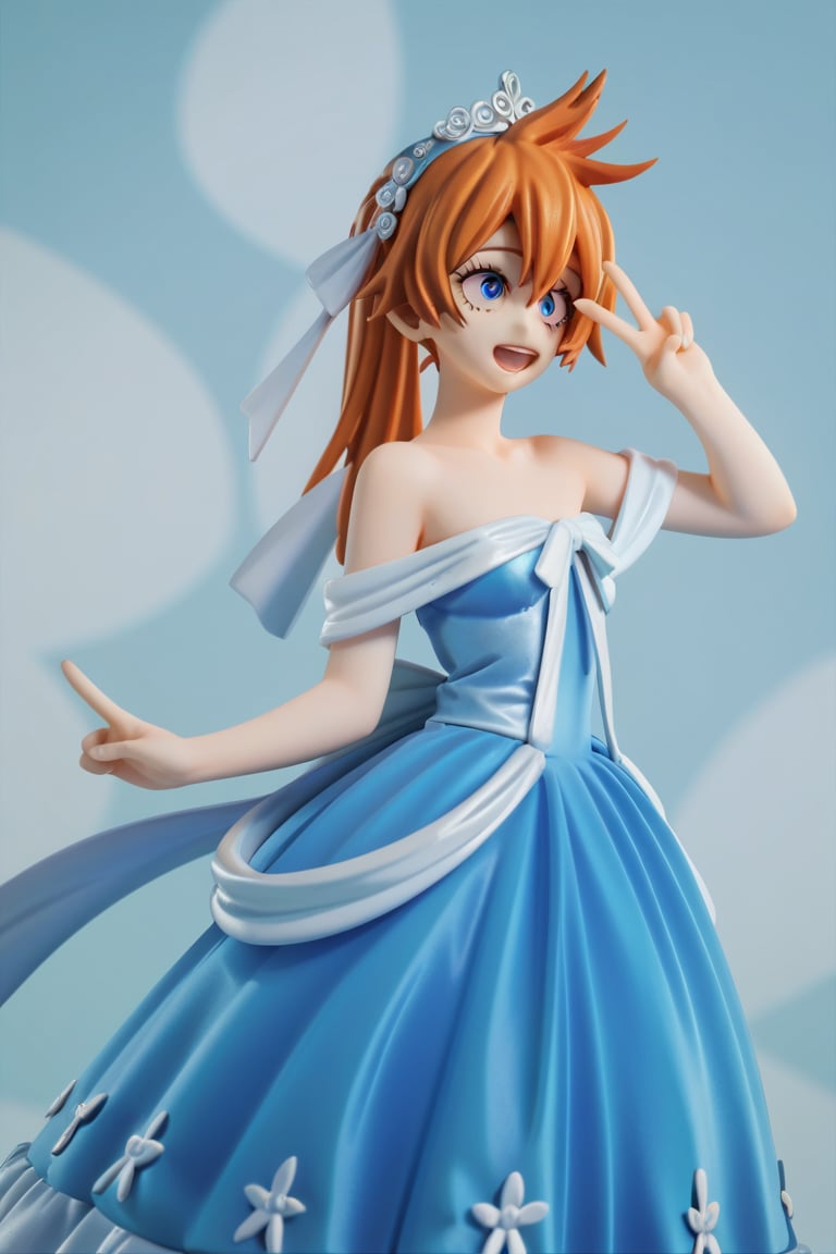 score_9, score_8_up, score_7_up, score_6_up, score_5_up, score_4_up, BREAK, , 1girl, Kendo, orange hair, green eyes, pageant dress, blue dress, strapless, standing, peace sign