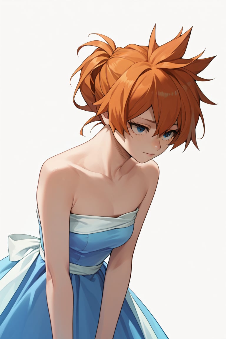 score_9, score_8_up, score_7_up, score_6_up, score_5_up, score_4_up, BREAK, , 1girl, Kendo, orange hair, green eyes, pageant dress, blue dress, strapless, 

,(( white background, blank background))