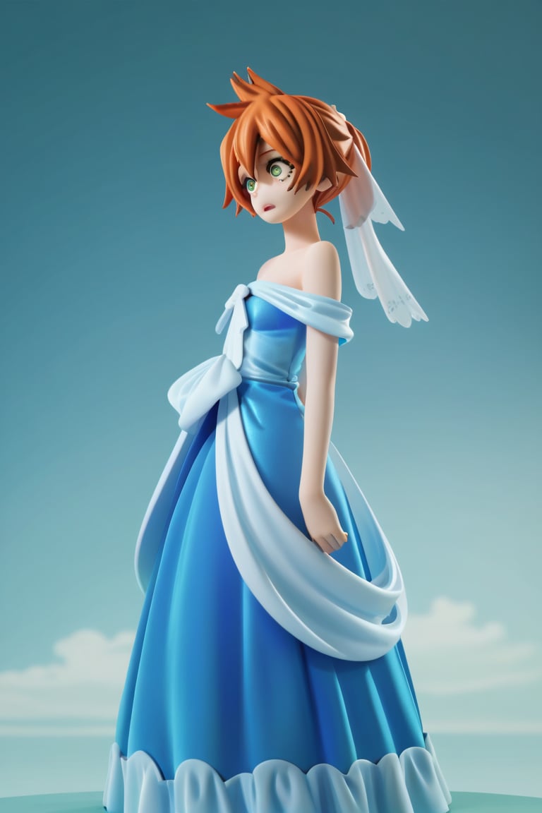 score_9, score_8_up, score_7_up, score_6_up, score_5_up, score_4_up, BREAK, , 1girl, Kendo, orange hair, green eyes, pageant dress, blue dress, strapless, standing, 