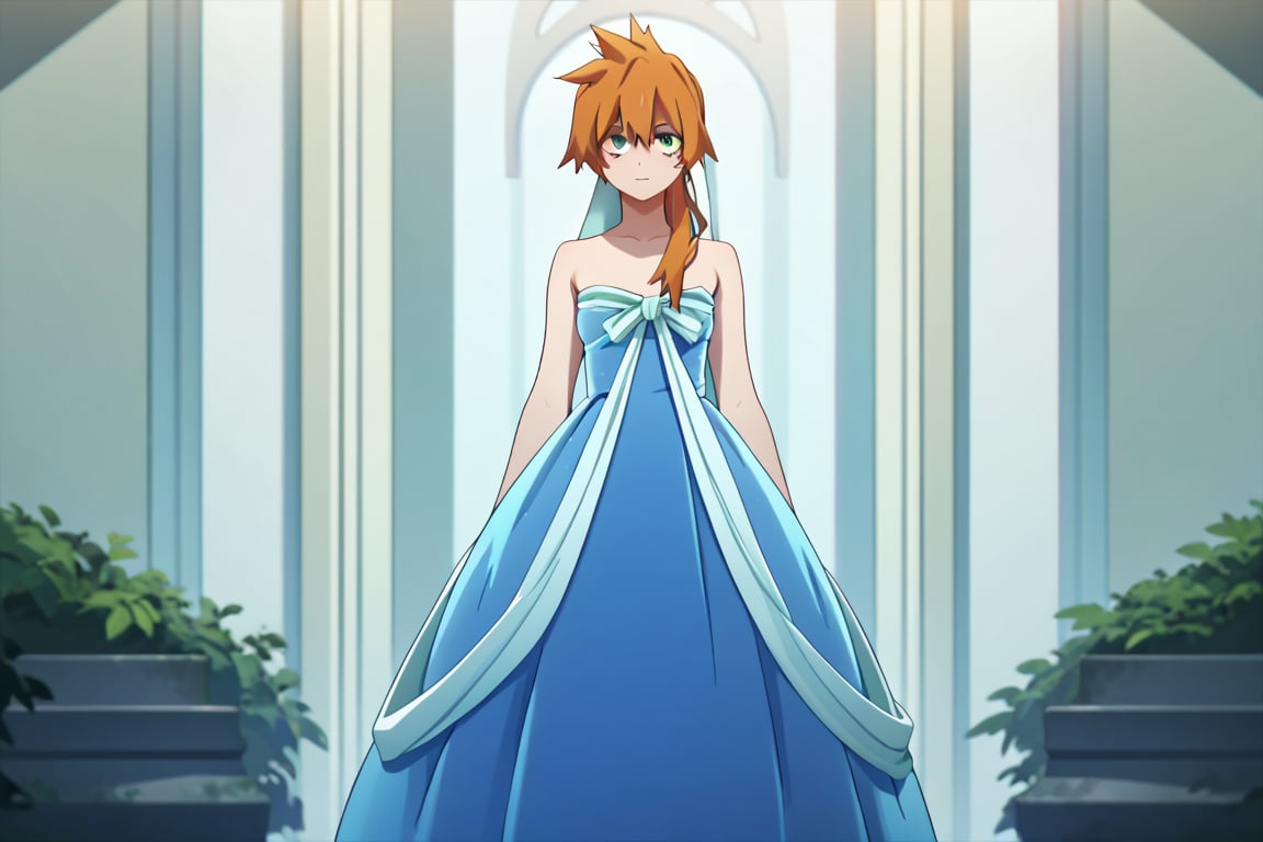 score_9, score_8_up, score_7_up, score_6_up, score_5_up, score_4_up, BREAK, , 1girl, Kendo, orange hair, green eyes, pageant dress, blue dress, strapless, standing, 