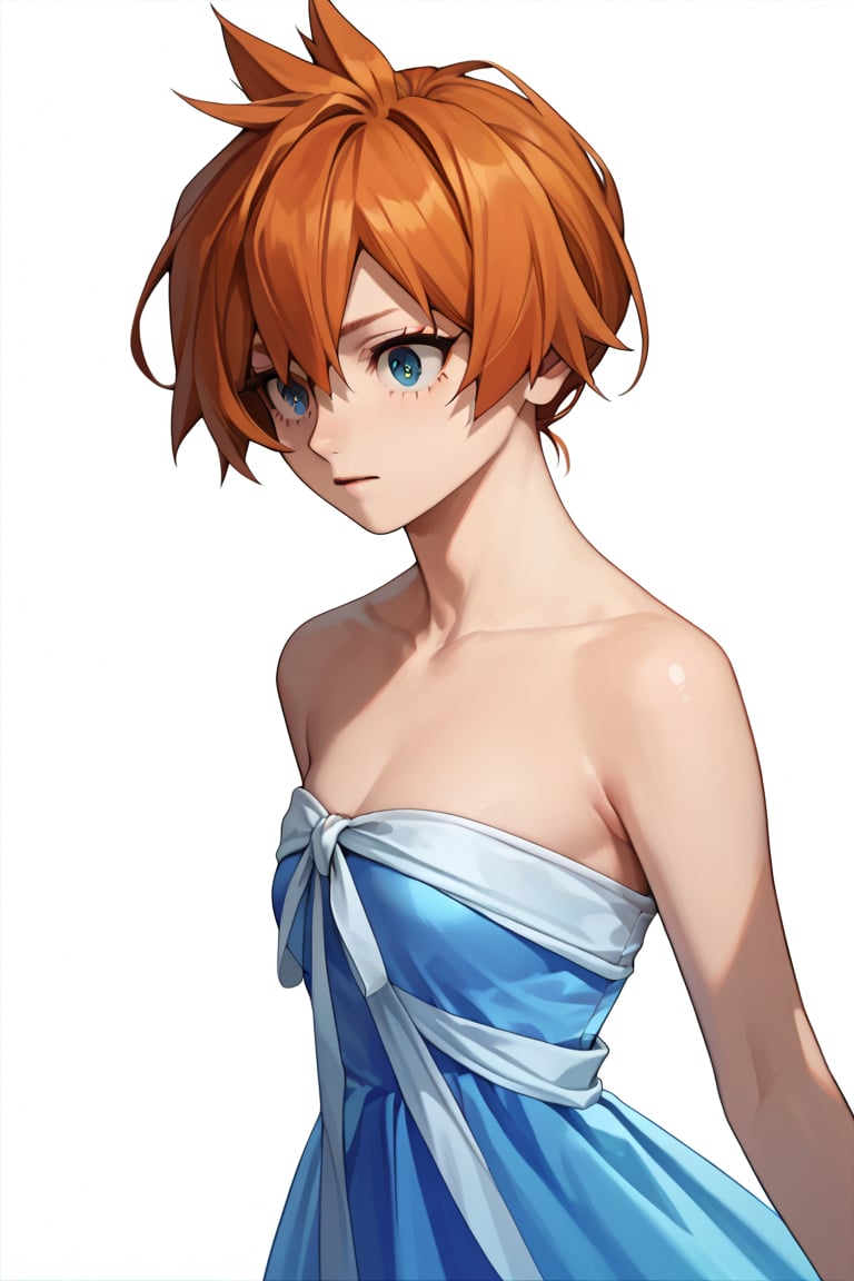 score_9, score_8_up, score_7_up, score_6_up, score_5_up, score_4_up, BREAK, , 1girl, Kendo, orange hair, green eyes, pageant dress, blue dress, strapless, 

,(( white background, blank background))