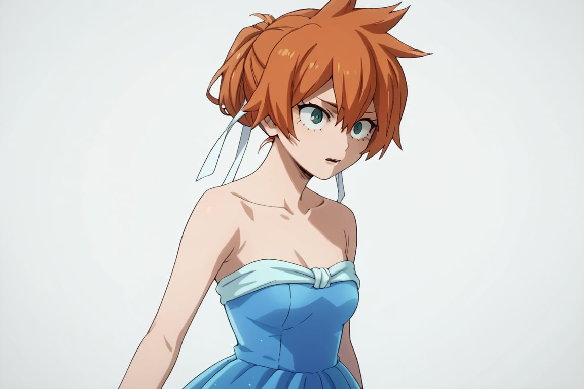 score_9, score_8_up, score_7_up, score_6_up, score_5_up, score_4_up, BREAK, , 1girl, Kendo, orange hair, green eyes, pageant dress, blue dress, strapless, 

,(( white background, blank background))