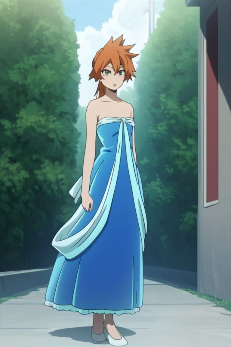 score_9, score_8_up, score_7_up, score_6_up, score_5_up, score_4_up, BREAK, , 1girl, Kendo, orange hair, green eyes, pageant dress, blue dress, strapless, standing, 