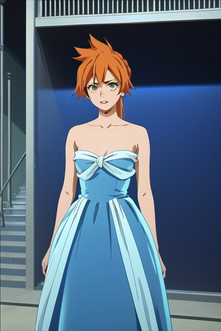 score_9, score_8_up, score_7_up, score_6_up, score_5_up, score_4_up, BREAK, , 1girl, Kendo, orange hair, green eyes, pageant dress, blue dress, strapless, standing, 