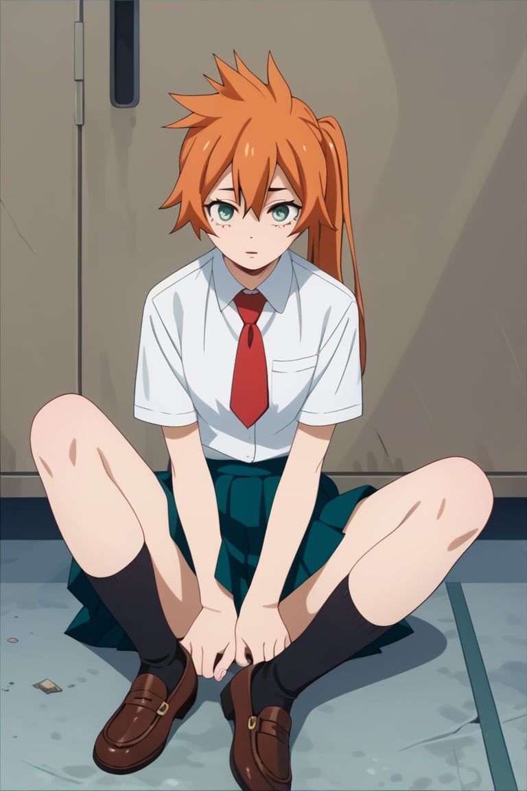 score_9, score_8_up, score_7_up, score_6_up, score_5_up, score_4_up, BREAK, , 1girl, Kendo, orange hair, green eyes, u.a. school uniform, white shirt, red necktie, kneehighs, brown footwear, sitting, legs spread