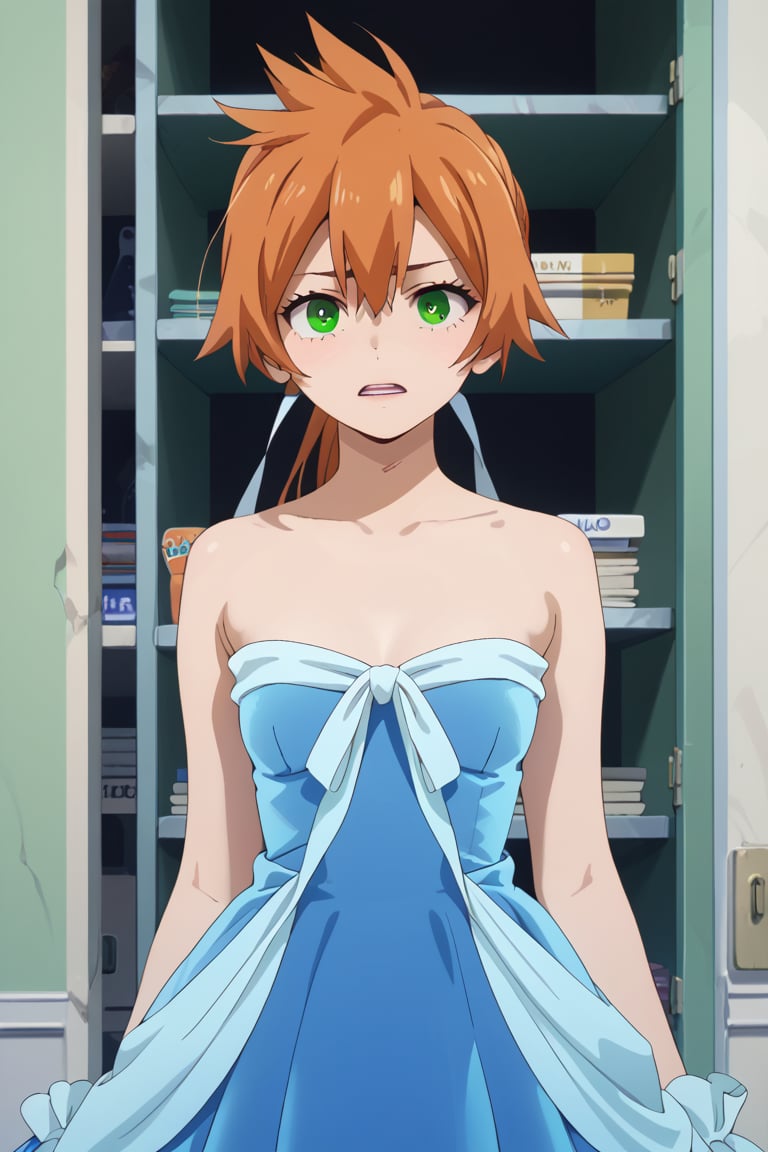 score_9, score_8_up, score_7_up, score_6_up, score_5_up, score_4_up, BREAK, , 1girl, Kendo, orange hair, green eyes, pageant dress, blue dress, strapless, standing, 