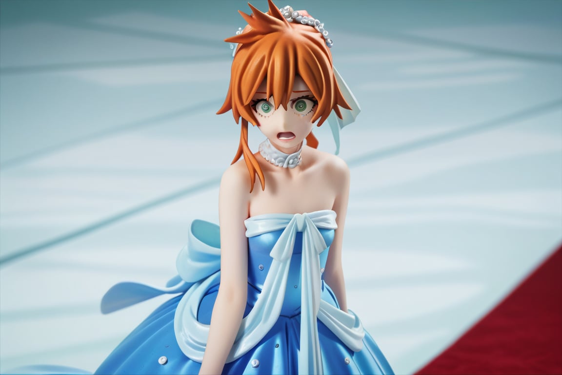 score_9, score_8_up, score_7_up, score_6_up, score_5_up, score_4_up, BREAK, , 1girl, Kendo, orange hair, green eyes, pageant dress, blue dress, strapless, standing, 