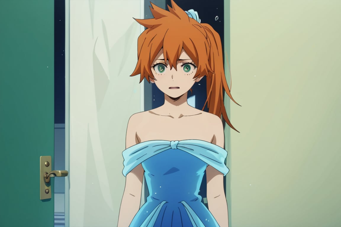 score_9, score_8_up, score_7_up, score_6_up, score_5_up, score_4_up, BREAK, , 1girl, Kendo, orange hair, green eyes, pageant dress, blue dress, strapless, standing, 