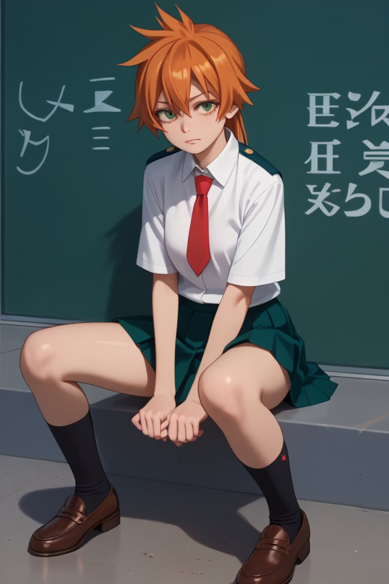 score_9, score_8_up, score_7_up, score_6_up, score_5_up, score_4_up, BREAK, , 1girl, Kendo, orange hair, green eyes, u.a. school uniform, white shirt, red necktie, kneehighs, brown footwear, sitting, legs spread