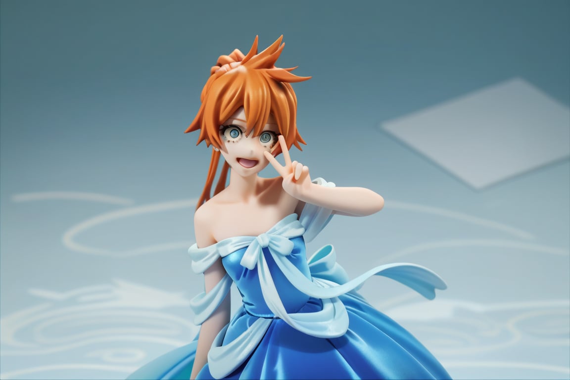 score_9, score_8_up, score_7_up, score_6_up, score_5_up, score_4_up, BREAK, , 1girl, Kendo, orange hair, green eyes, pageant dress, blue dress, strapless, standing, peace sign