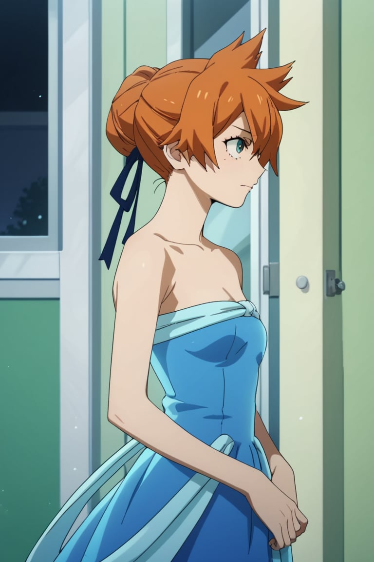 score_9, score_8_up, score_7_up, score_6_up, score_5_up, score_4_up, BREAK, , 1girl, Kendo, orange hair, green eyes, pageant dress, blue dress, strapless, standing, 