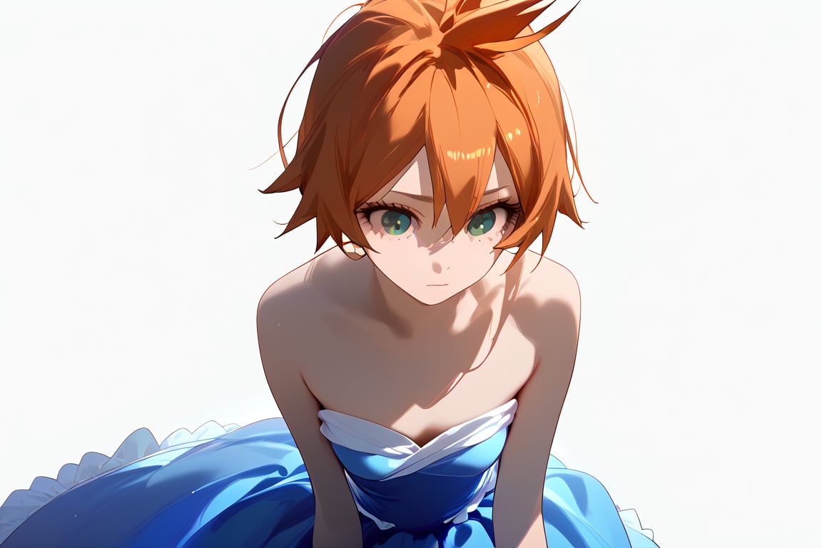 score_9, score_8_up, score_7_up, score_6_up, score_5_up, score_4_up, BREAK, , 1girl, Kendo, orange hair, green eyes, pageant dress, blue dress, strapless, 

,(( white background, blank background))