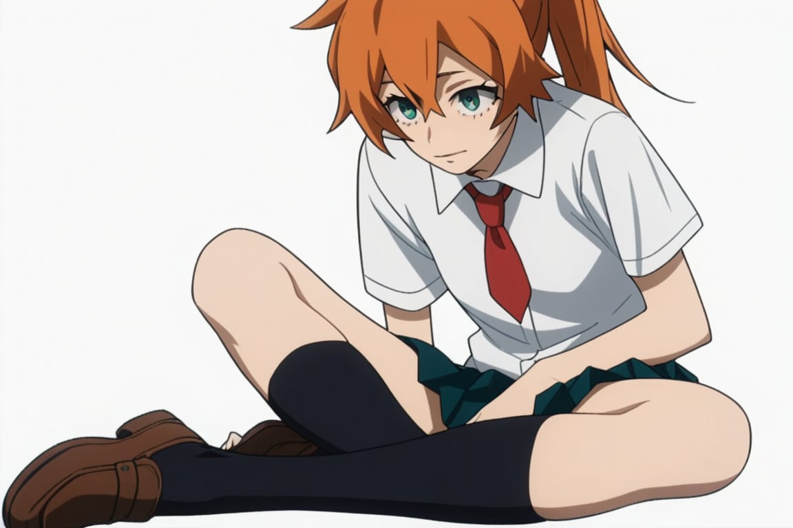 score_9, score_8_up, score_7_up, score_6_up, score_5_up, score_4_up, BREAK, , 1girl, Kendo, orange hair, green eyes, u.a. school uniform, white shirt, red necktie, kneehighs, brown footwear, sitting, legs spread,

,(( white background, blank background))