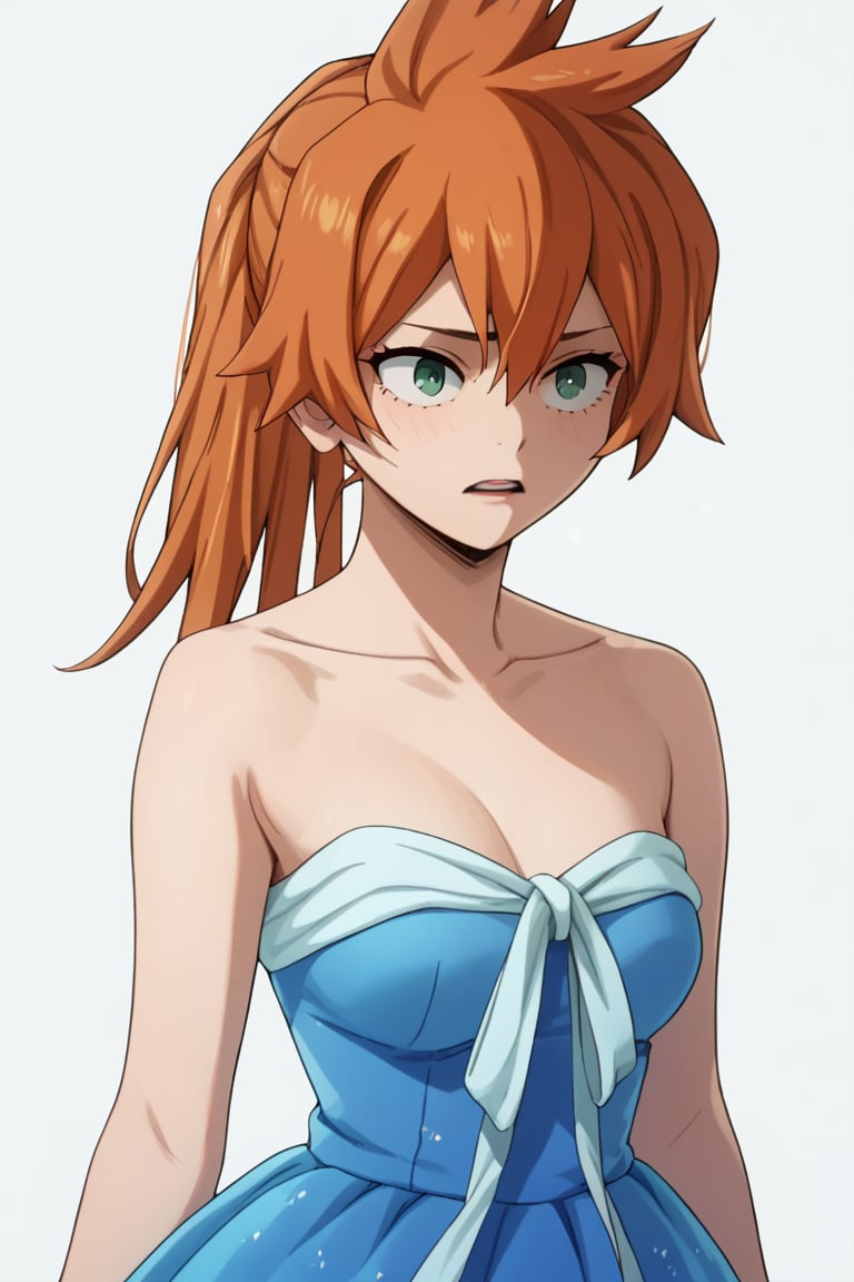 score_9, score_8_up, score_7_up, score_6_up, score_5_up, score_4_up, BREAK, , 1girl, Kendo, orange hair, green eyes, pageant dress, blue dress, strapless, 

,(( white background, blank background))