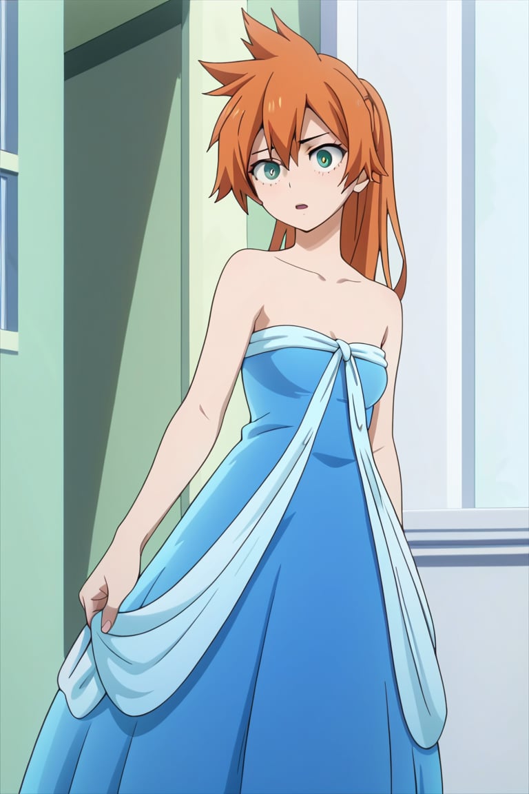 score_9, score_8_up, score_7_up, score_6_up, score_5_up, score_4_up, BREAK, , 1girl, Kendo, orange hair, green eyes, pageant dress, blue dress, strapless, standing, 