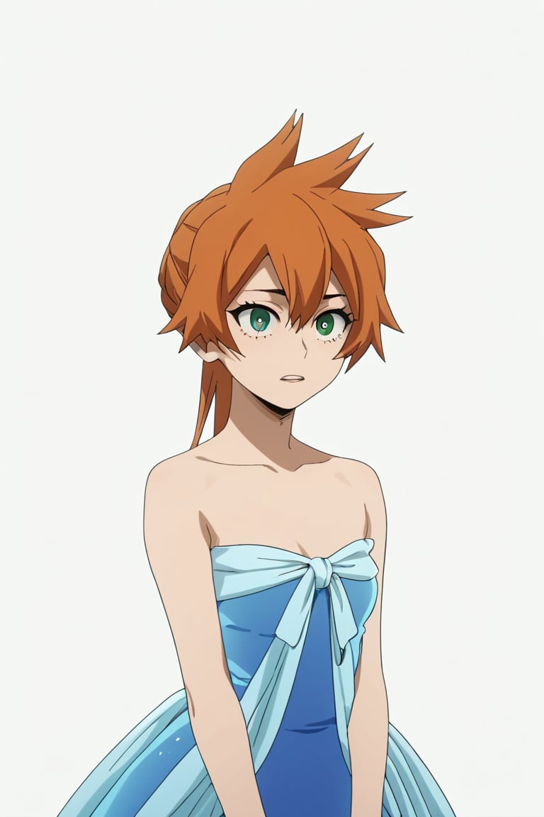 score_9, score_8_up, score_7_up, score_6_up, score_5_up, score_4_up, BREAK, , 1girl, Kendo, orange hair, green eyes, pageant dress, blue dress, strapless, 

,(( white background, blank background))