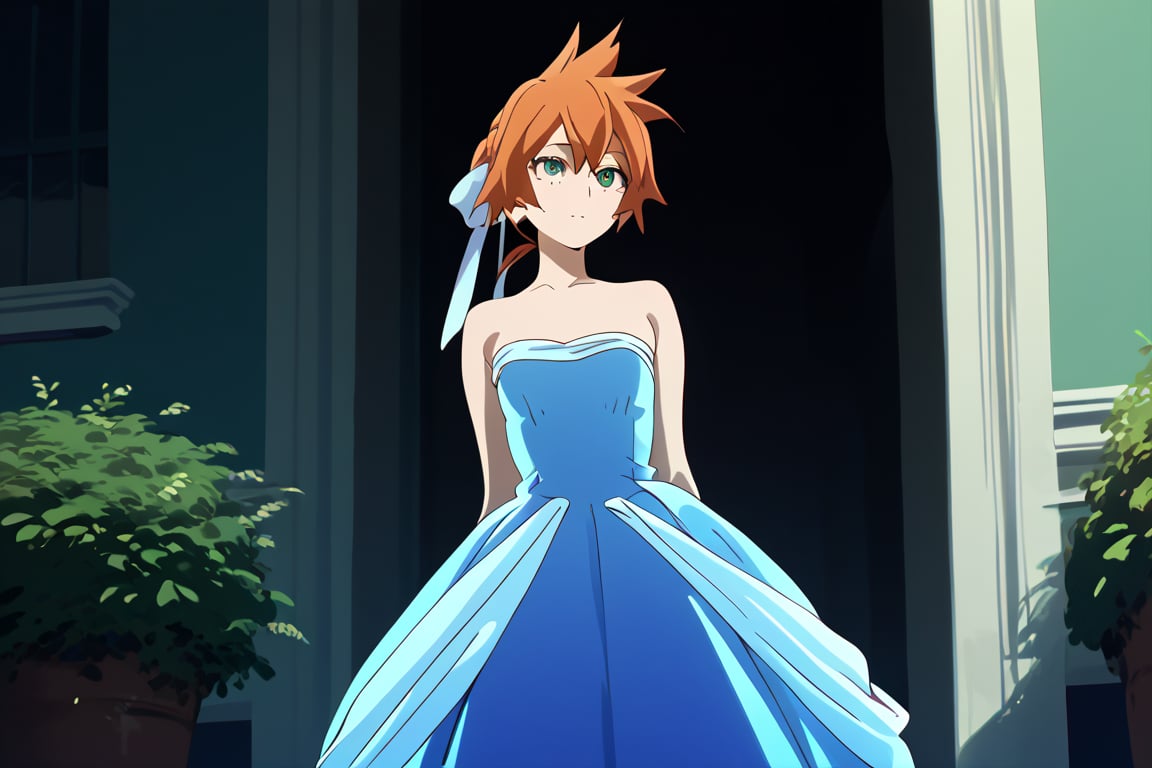 score_9, score_8_up, score_7_up, score_6_up, score_5_up, score_4_up, BREAK, , 1girl, Kendo, orange hair, green eyes, pageant dress, blue dress, strapless, standing, 