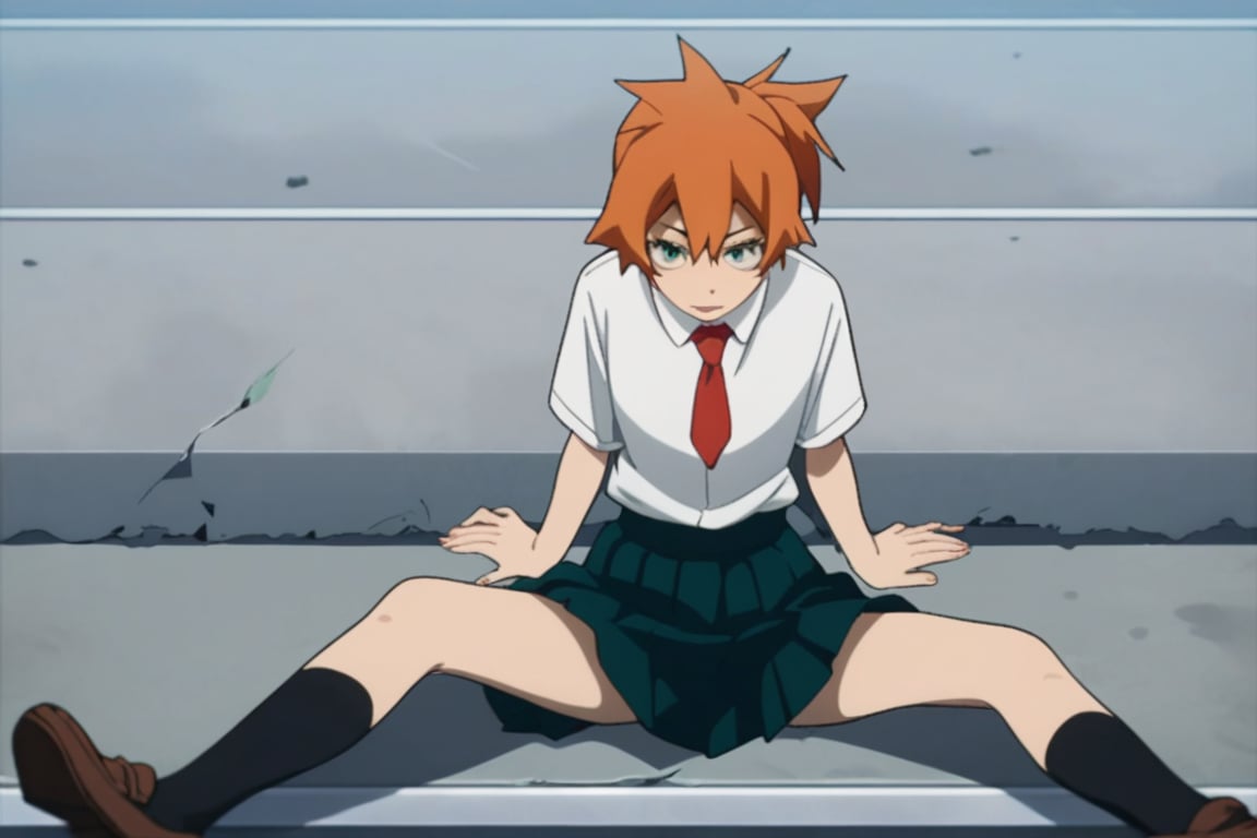 score_9, score_8_up, score_7_up, score_6_up, score_5_up, score_4_up, BREAK, , 1girl, Kendo, orange hair, green eyes, u.a. school uniform, white shirt, red necktie, kneehighs, brown footwear, sitting, legs spread