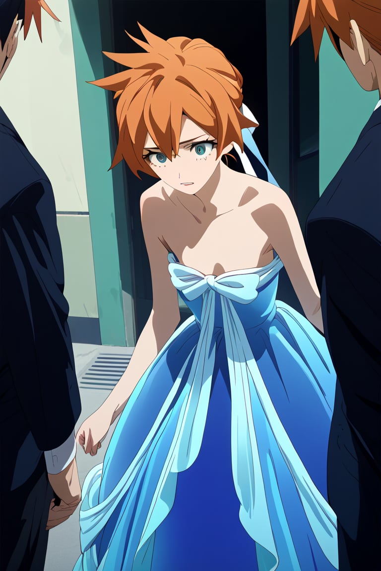 score_9, score_8_up, score_7_up, score_6_up, score_5_up, score_4_up, BREAK, , 1girl, Kendo, orange hair, green eyes, pageant dress, blue dress, strapless, standing, 