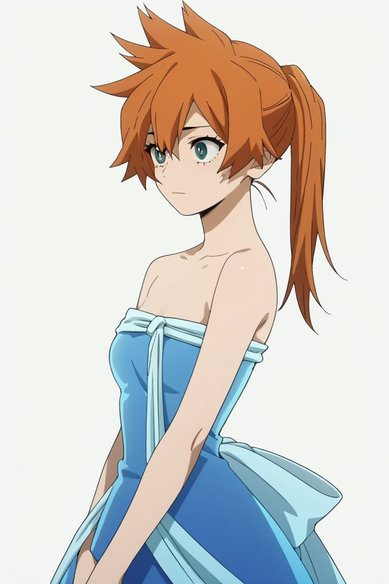 score_9, score_8_up, score_7_up, score_6_up, score_5_up, score_4_up, BREAK, , 1girl, Kendo, orange hair, green eyes, pageant dress, blue dress, strapless, 

,(( white background, blank background))